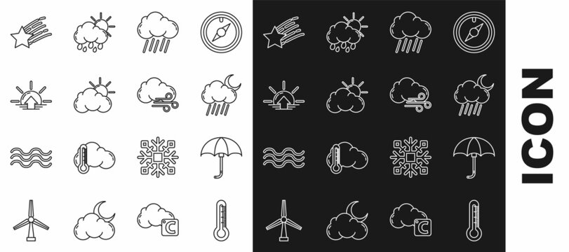 Set line Thermometer, Classic elegant opened umbrella, Cloud with rain and moon, Sun cloud weather, Sunrise, Falling star and Windy icon. Vector