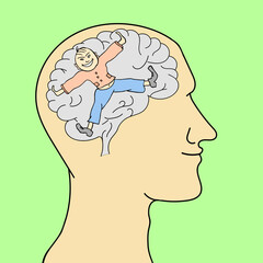 Contour silhouette of a man with a butterfly in his head.