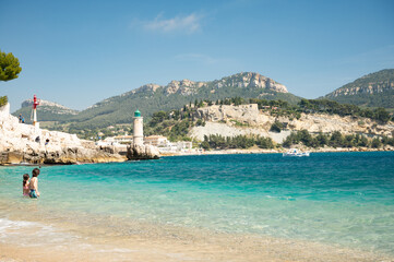 Panoramic view on cliffs, blue sea on Plage du Bestouan beach in Cassis, Provence, France