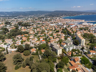 Fototapeta na wymiar Aerial panoramic view on houses and sea near blue Calanque de Figuerolles in La Ciotat, Provence, France
