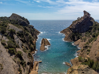 Rocher du capucin cliff in blue Calanque de Figuerolles near La Ciotat, Provence, France