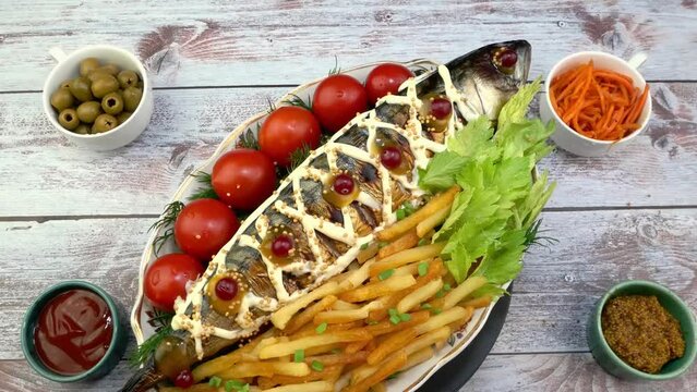 Fried mackerel fish with french fries, tomatoes.