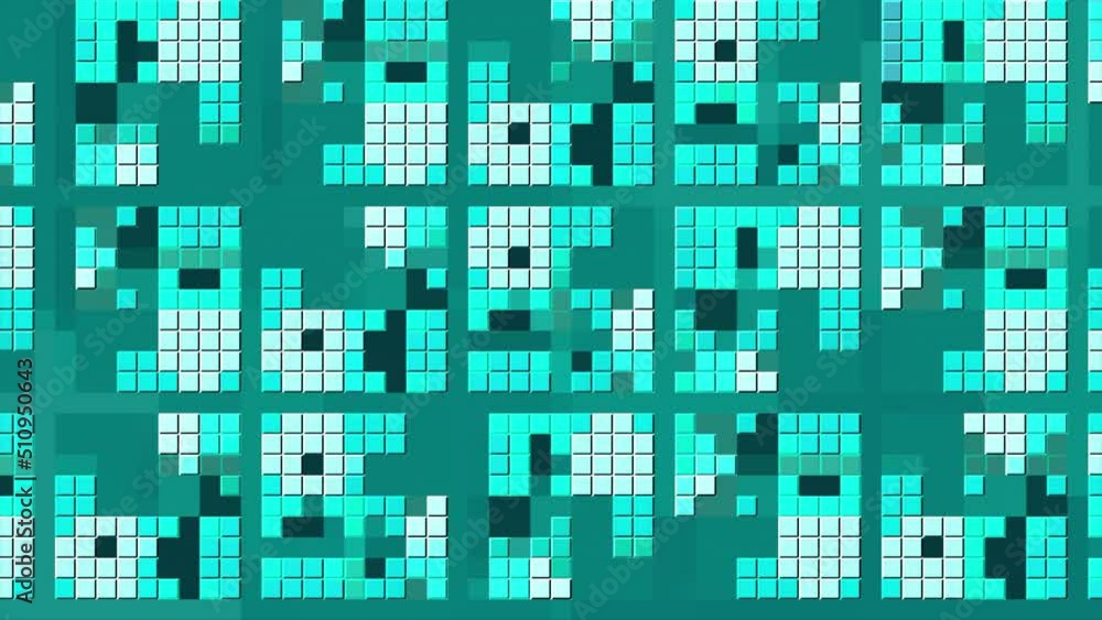 Poster background with bright pixel pattern changing in squares. motion. pixel retro pattern changing in sq