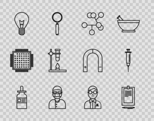 Set line Glass bottle with a pipette, Clipboard document, Molecule, Assistant, Light bulb concept of idea, test tube flask fire heater, Scientist and Syringe icon. Vector