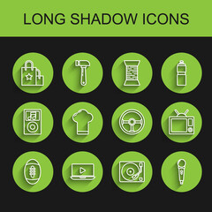 Set line American Football ball, Online play video, Paper shopping bag, Vinyl player with vinyl disk, Microphone, Chef hat, Television and Steering wheel icon. Vector