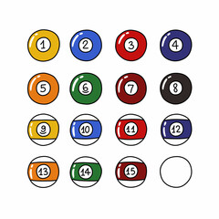 billiard balls doodle icons set, vector color line illustration