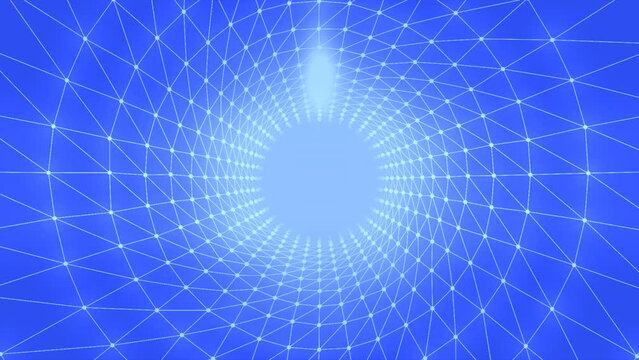 Abstract blue tunnel with thing stripes creating triangular silhouettes. Motion. Slowly moving inside blue corridor with white light.