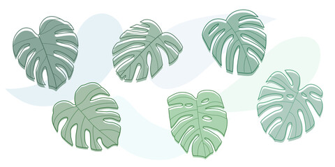 Liście monstery - 6 liści i elementy tła, Kontury i wypełnienia egzotycznej rośliny. Zielone liście. Ilustracja wektorowa.
