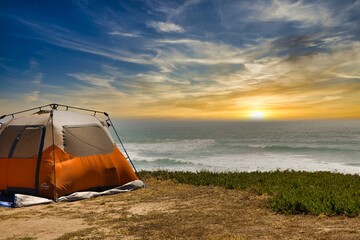 touristic tent on a sunset