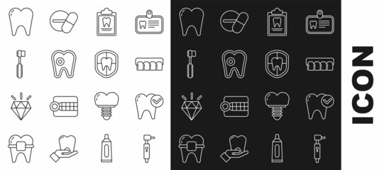 Set line Tooth drill, whitening concept, Dentures model, Clipboard with dental card, caries, Toothbrush, and Dental protection icon. Vector