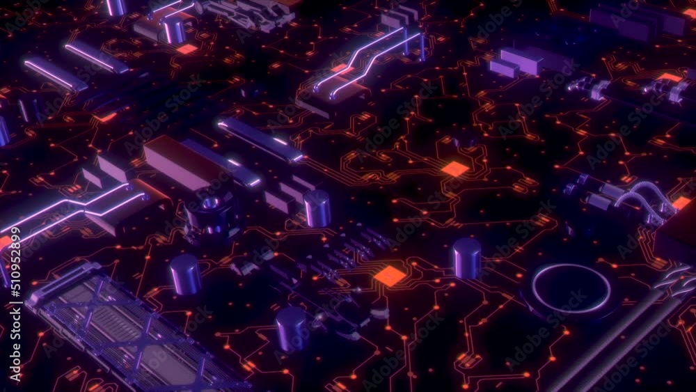 Poster computer system with neon details. motion. futuristic computer technology in details of chip. neon l