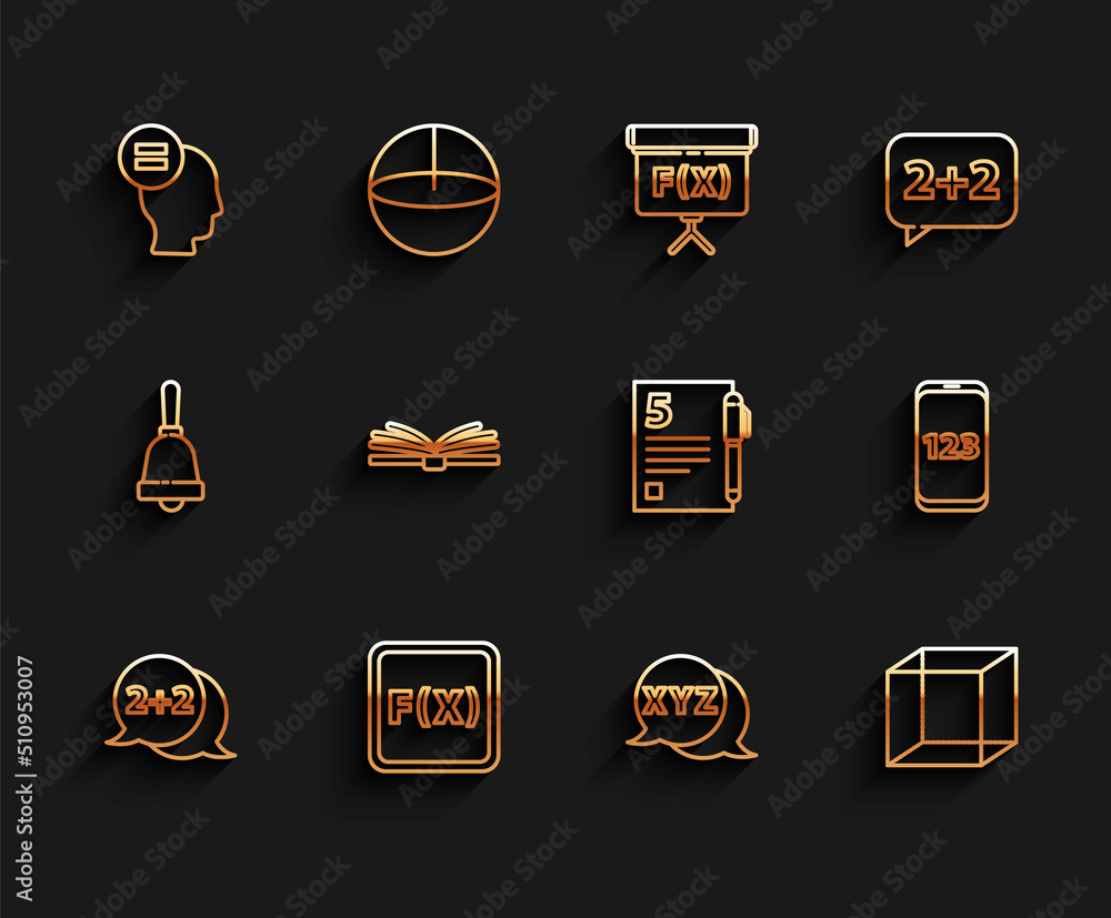 Poster set line geometric figure cone, equation solution, test or exam sheet, calculator, function mathemat