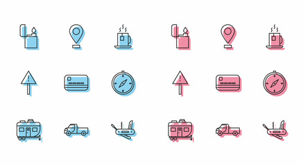 Set line Rv Camping trailer, Pickup truck, Lighter, Swiss army knife, Credit card, Compass, Exclamation mark triangle and Location icon. Vector
