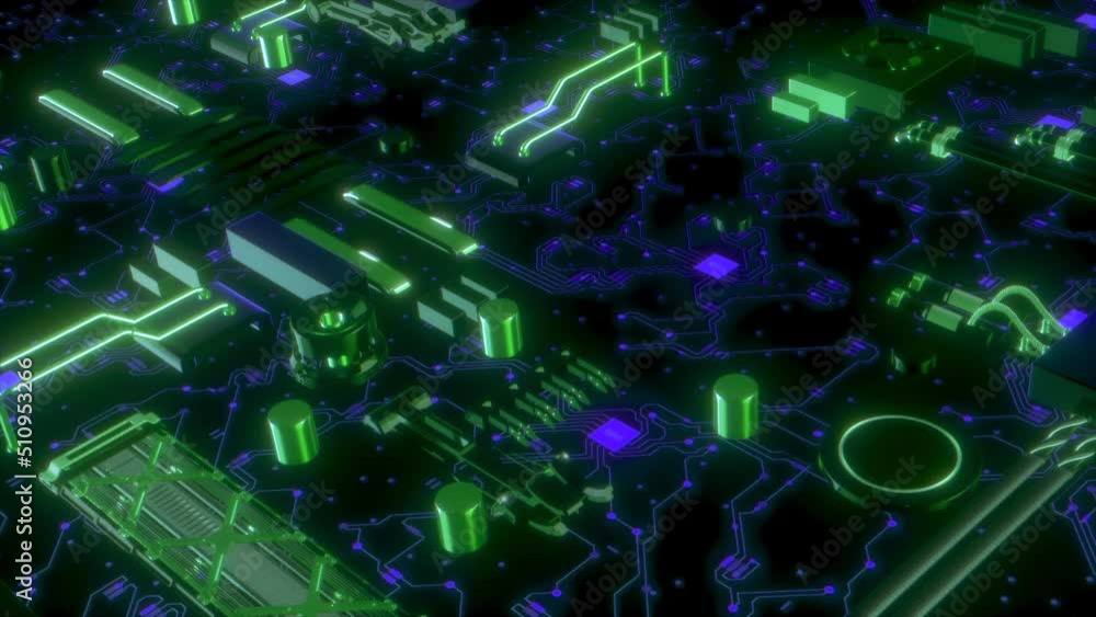 Poster advanced technology concept visualization. motion. circuit board cpu processor, artificial intellige