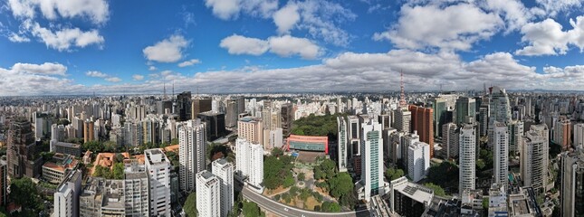Aerial panoramic view of Av. Paulista in São Paulo, SP. Main avenue of the capital. With many...