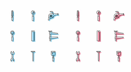 Set line Wrench spanner, Metallic nail, Chisel tool for wood, Putty knife, Ruler, Clamp, and Adjustable wrench icon. Vector