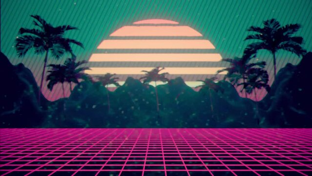 Wire frame sunset and landscape retro 3d animation
