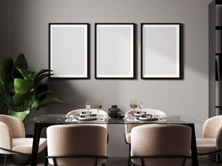 poster three frames mock up in modern dining room interior with black table and chairs and gray wall with sunbeams, minimalist style, scandinavian, 3d rendering