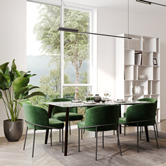Modern bright white room interior with contemporary table and stools, scandinavian minimalistic style, 3d rendering