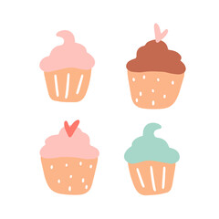 A set of pink cupcakes isolated on a white background. Hand drawn flat vector illustration. Tea time. Collection of graphic elements for your design.