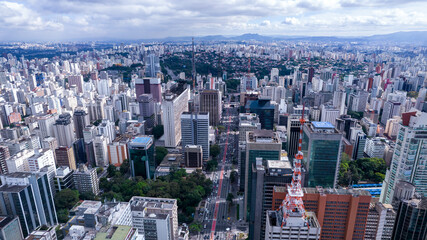 Aerial view of Av. Paulista in São Paulo, SP. Main avenue of the capital. With many radio antennas, commercial and residential buildings. Aerial view of the great city of São Paulo.