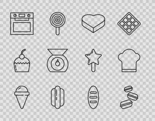 Set line Ice cream in waffle cone, Macaron cookie, Candy heart shaped box, Hotdog sandwich, Oven, Scales, Bread loaf and Chef hat icon. Vector