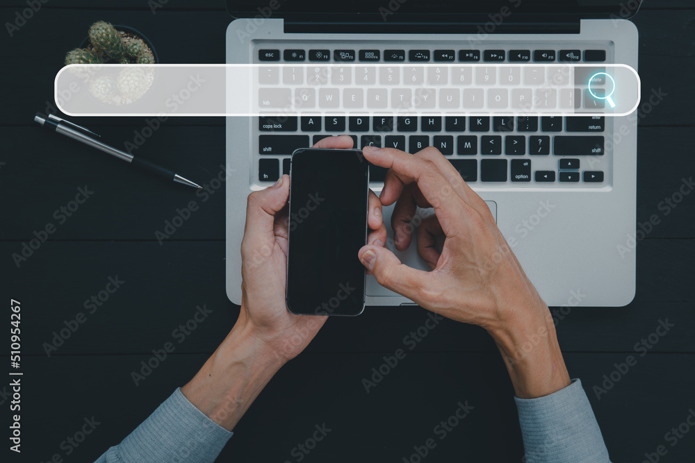 Poster searching browsing internet data information networking concept, top view businessman using smart ph