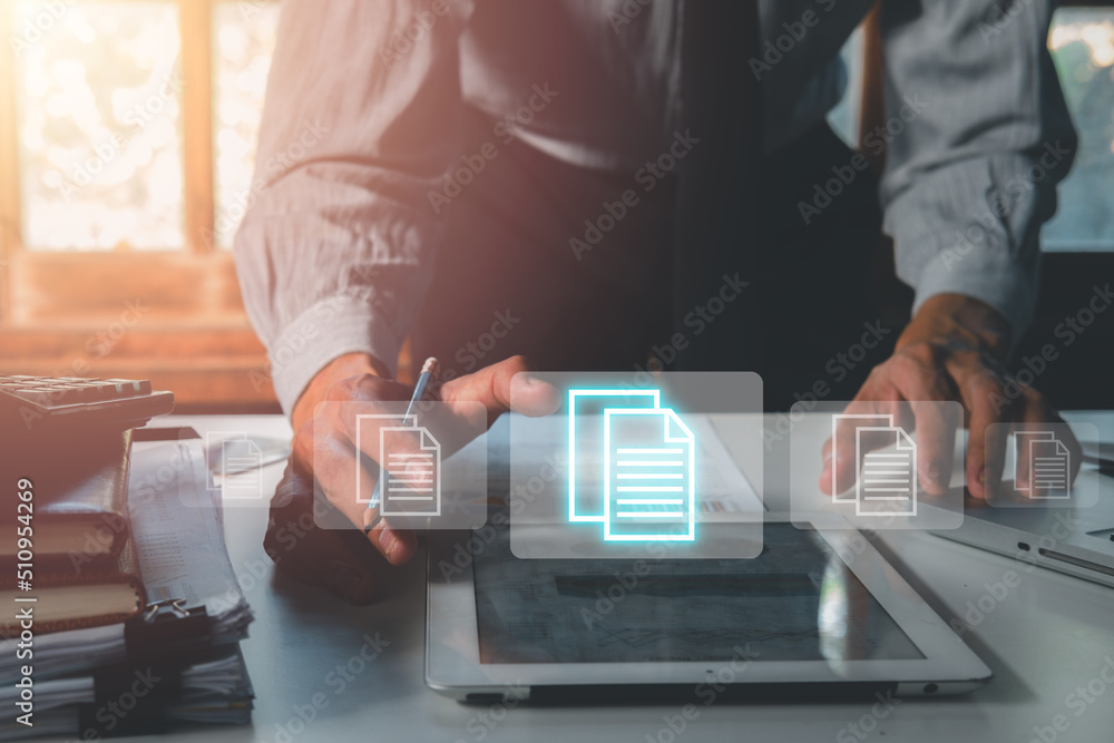 Poster business person hand using digital tablet with document management icon, document management data sy