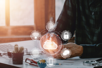 Man hand using smart phone with cloud computing icon, Cloud computing concept, Backup Storage Data Internet, networking and digital, Share global, technology.