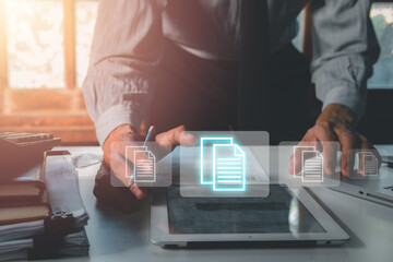 Business person hand using digital tablet with document management icon, Document management data...