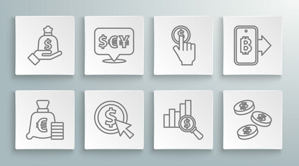 Set line Coin money with euro symbol, Currency exchange, dollar, Pie chart and, Hand holding coin, Mining bitcoin from mobile and bag icon. Vector