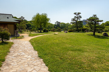 日本庭園の緑の芝生と小道
