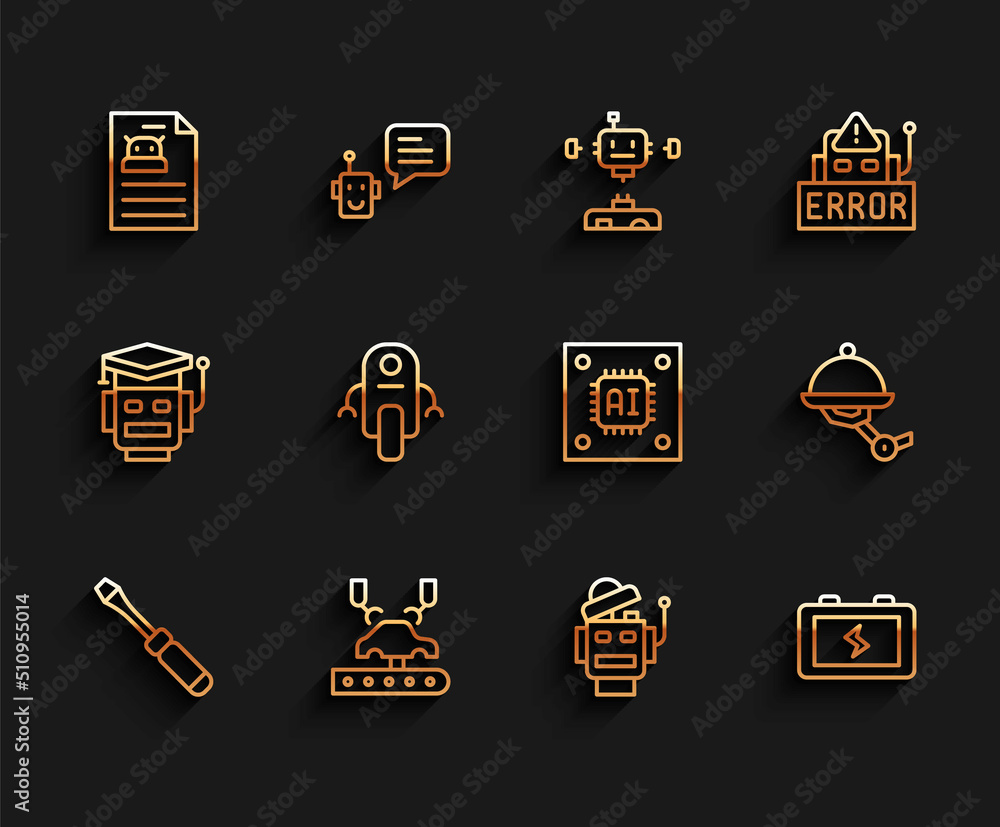 Poster set line screwdriver, robotic robot arm on factory, technical specification, battery, waiter and pro