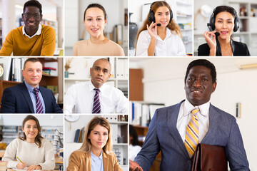 Multi ethnic group of people having video call online meeting, working from office and home, screen view