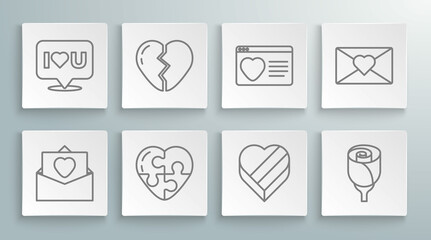 Set line Envelope with Valentine heart, Broken, Heart, Candy shaped box, Flower rose, Dating app online, and Speech bubble I love you icon. Vector
