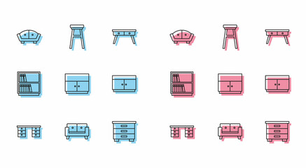 Set line Office desk, Sofa, Furniture nightstand, Wardrobe, Chest drawers, Library bookshelf and Chair icon. Vector