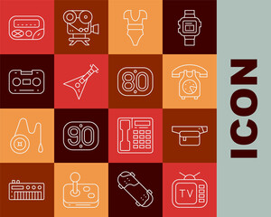 Set line Retro tv, Waist bag of banana, Telephone handset, Swimsuit, Electric bass guitar, audio cassette tape, Pager and 80s icon. Vector