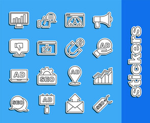 Set line SEO optimization, Financial growth increase, Advertising, Website statistic, Customer product rating, Dislike speech bubble, Monitor with graph chart and Magnet money icon. Vector