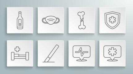 Set line Hospital bed, Medical protective mask, Surgery scalpel, Heart rate, Location hospital, Human broken bone, Life insurance and Digital thermometer icon. Vector