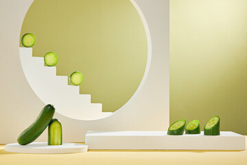 Front view of cucumber decorated with white podium and stairway with blank space in green...