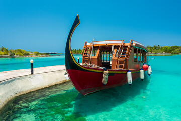 Perfect tropical island Maldives paradise beach Beautiful palm trees and tropical beach © allouphoto