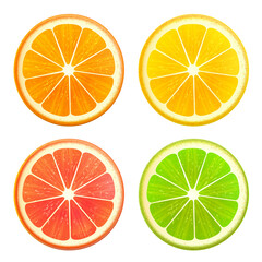 Fototapeta premium Fresh citrus fruits slices set. Orange grapefruit lemon lime top view isolated realistic vector illustration EPS10