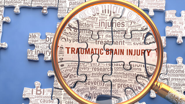 Traumatic brain injury as a complex topic under close inspection. Complexity shown as puzzle pieces with dozens of ideas and concepts correlated to Traumatic brain injury,3d illustration