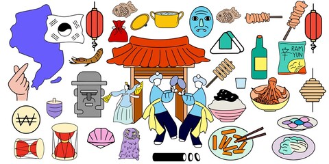 Set of korean doodles culture and historic. element doodles full color. Hand Drawn Korea Doodle Set, Traditional Clothes, Food and Drink, culture