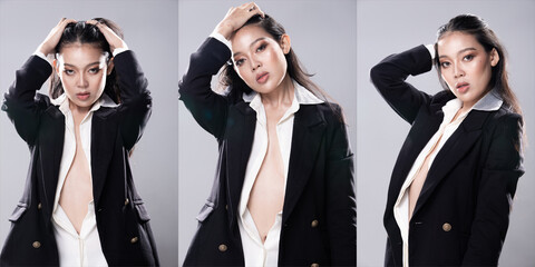 Half Body young adult Asian Woman, look at camera, beautiful Fashion make up wear office shirt...