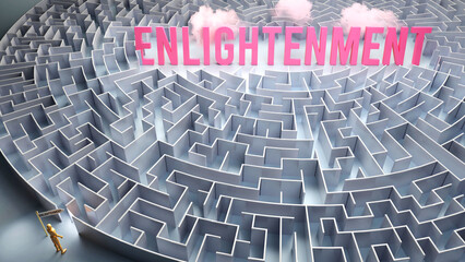 Enlightenment and a difficult path, confusion and frustration in seeking it, hard journey that leads to Enlightenment,3d illustration - obrazy, fototapety, plakaty