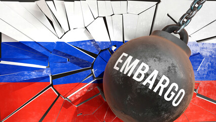 Embargo and Russia, destroying economy and ruining the nation. Embargo wrecking the country and causing  general decline in living standards.,3d illustration - obrazy, fototapety, plakaty