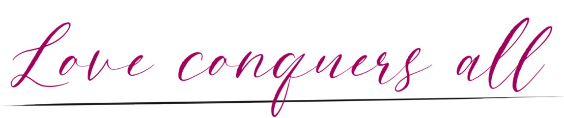 Love conquers all handwritten calligraphic text with purple color and black line.