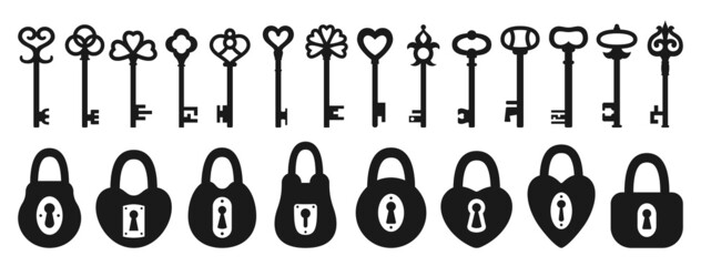 Lock and Key silhouette icon set. Old padlock for safety and security protection vintage design element. Private access symbol keys and locks for logo, game, web or app ui sign locking privacy