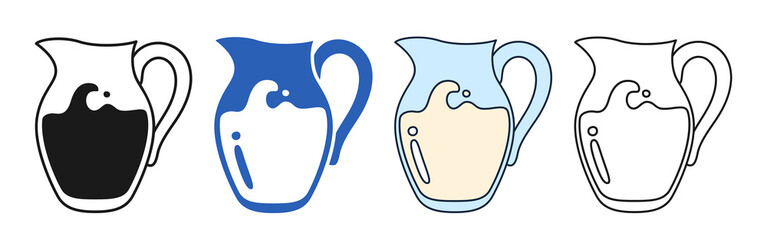 Glass jug with milk simple sign linear set. Farm foodstuff rural symbol drink in glass, pitcher package doodle design. White pouring milk splashes drops. Nutrition icon natural dairy product
